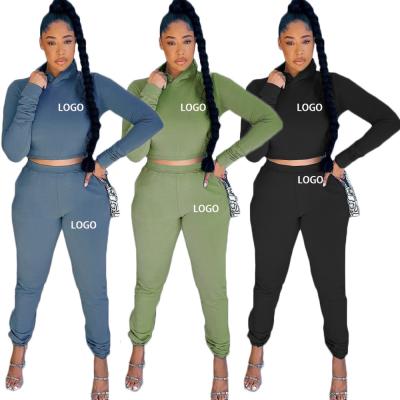 China Winter Breathable Sweat Suits For Women Solid Color Hood Crop Top Waist Pencil Pants Ladies Skinny Jogging Sport Tracksuit for sale