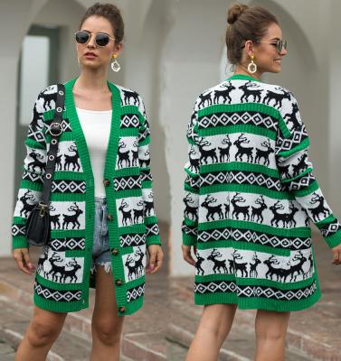 China Christmas fawn print breathable knitted mid length sweater women autumn cardigan coat outwear high quality casual coats women for sale