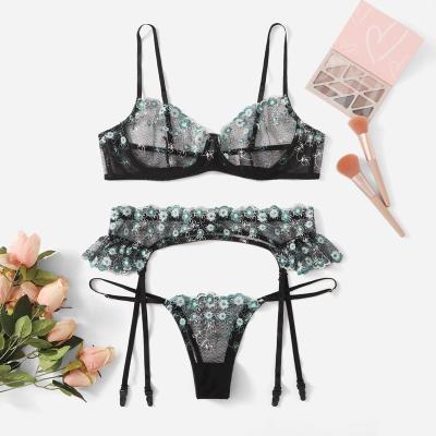 China Antibacterial Women Interest Lingerie Fashion Lace Bra G-String Garter Costume Underwear Lace Up Floral Embroidery Plus Size Sleepwear Corset for sale