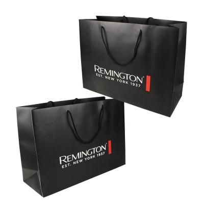 China Matt Black Kraft Retail Boutique Disposable Custom Business Cardboard Gift Shopping Black Paper Bag With Cotton Rope Handles for sale