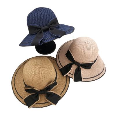 China Straw Hat Fashion Women Beach Sun Women Summer Beach Paper Sun Protection Bucket Foldable Straw Hat With Bow Ribbon for sale