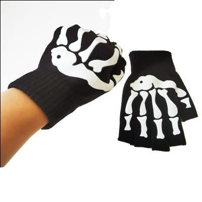 China Wholesale Autumn Winter Warm Knit Fingerless Gloves Men's Simple Luminous Halloween Skeleton Printed Custom Made No for sale