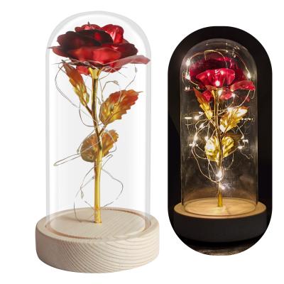 China New Lasting Hot Mother Valentine Gift Light Rose In Glass Dome With LED Beauty 22cm High and Beast 24k Gold for sale