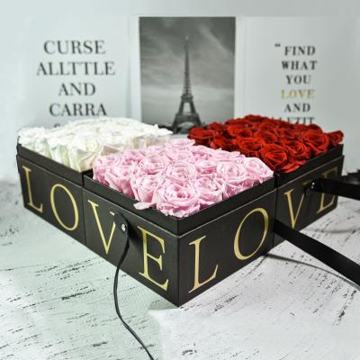 China Durable Preserved Rose Flower Manufacture Eternal Rose In A Gift Box Immortal Square Roses Box For Valentine's Day Gift for sale