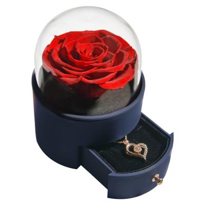 China New Durable Immortal Rose Acrylic Jewelry Box With Preserved Necklace Stand Flowers Valentine's Day Gift By Desgin for sale