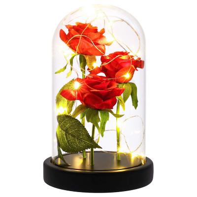 China Durable Romantic Artificial Silk Eternal Rose In Glass Dome With Led Red Preserved Flower Rose Gift For Valentine's Day for sale