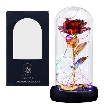 China Lasting Galaxy Rose Flower Glass Dome Thanksgiving, Valentine's Day Factory Wholesale LED Light 24k Gold Gift for sale