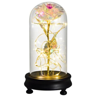 China Lasting Eternal Preserved Forever Rose In Flask Glass Dome A Wooden Base Galaxy Rose Glass Dome Rose With Night Led Snapshot Light Up for sale