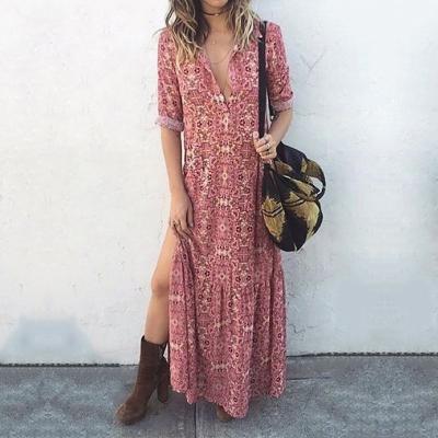 China Hot Selling Summer Women Breathable One Piece Printing Casual Homewear Printed Long Split Dress for sale