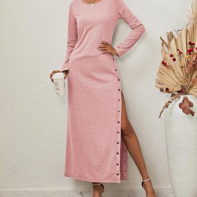 China Women Midi Dress Button Slit Dress O Neck Breathable Fashion Long Sheath Casual Solid Autumn Maxi Standard Loose Printed Simple 2021 Spring for sale