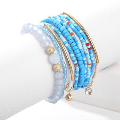 China Bohemia trendy brass tube fashion seebead crystal beaded stretch bracelet set for sale