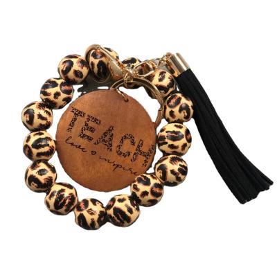 China New TRENDY Cheetah Print Custom Wooden Beads Teach Bracelet Bangle Teacher's Day Gift for Her for sale