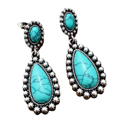 China Fashion Environmental Friendly Jewelry 925 Silver Plated Antique Drop Shaped Turquoise Earrings Bohemian Women for sale