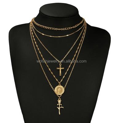 China Five Layers Stylish Chains Style Different Jesus Cross Coin Pendant Charm With Rose Flower Necklace for sale