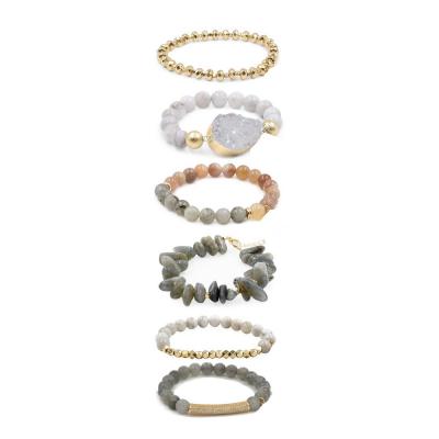 China BOHEMIA 6 Pieces Stacking Druzy Natural Stone Beads Labradorite Stone Quartz Bracelet Set Stainless Steel for sale