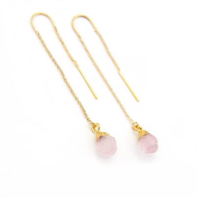 China Environmental Friendly Gold Filled Thin Natural Raw Jewelry Rose Quartz Birthstone Drop Threader Earring For Birthday Gift for sale