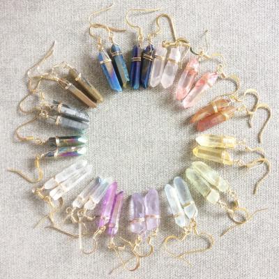 China Environmental Friendly Gold Plated Handmade Natural Crystal Stone Raw Point Quartz Wire Wrap Dangle Earring for sale