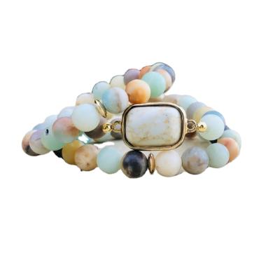 China TRENDY Gemstone Bracelet Set of 3 Chucky Elastic Bracelet Boho Jewelry Amazonite Matte Bead Bracelet Set for sale