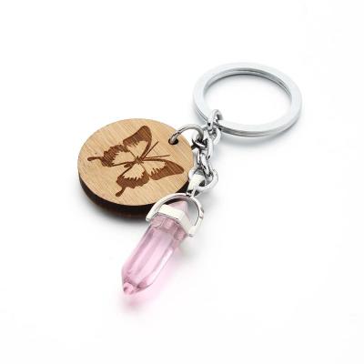 China Fasion personalized laser butterfly wooden disc with rose quartz point pendant keychain key chain for sale