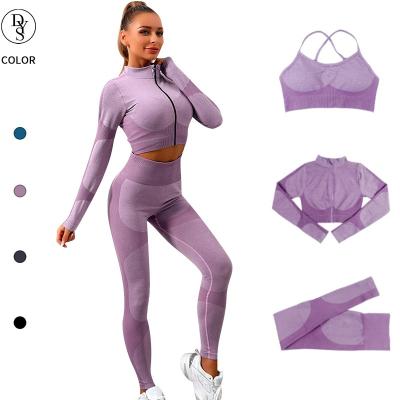 China New Breathable Seamless Suits Yoga Gym Activewear Set Women Sportswear 3 Piece Crop Top Jacket And Gaiters Bra Sets Sweatsuits Jogging for sale