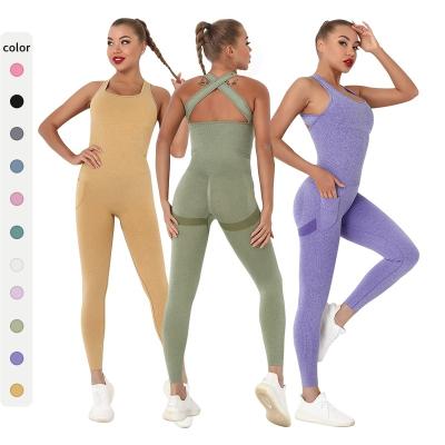 China Back Sports Bum Legging One Piece Cross Fitness Bra Ruched Yoga Breathable Seamless Athletic Wear Wholesale Sets Overalls With Pocket for sale