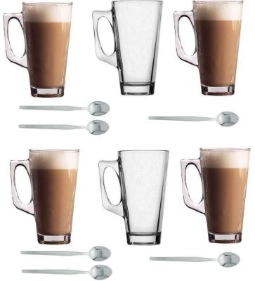 China Sustainable Bulk Glass Cups Coffee Glass Coffee Mugs 350ml Coffee Glass Wholesale Set Of 6 With Spoon for sale