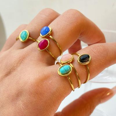 China Vintage Simple Design Shape Colorful Oval Stone 18K Natural Gold Plated Rings Waterproof Stainless Steel Open Rings Jewelry Women for sale