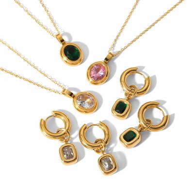 China Vintage LQ 18k Gold Plated Stainless Steel Ladies Jewelry Set Colorful Zircon Necklace Drop To Dangle Circle Earrings For Women for sale