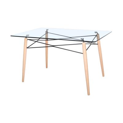 China Cheap Modern Classic Metal Rectangular Frame Wooden Legs Top Tempered Glass Top Sale Glass Dining Table for sale