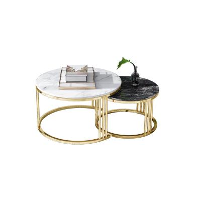 China Luxury Modern Interlocking Wrought Iron Metal Marble Round End Side Tea Table Set For Living Room Gold Marble Coffee Table for sale