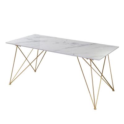 China 2022 Luxury Kitchen Rectangular Marble Top Dining Table Customized Dine Tables Restaurant Hotel Cafe Stainless Steel Plated Gold Legs for sale