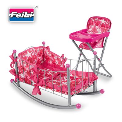 China Baby Doll Bed Fei Li Toys Rocking - Doll Travel Rocking Cradle and Doll Feeding Highchair Set for Children 2 in 1 Doll Furniture Toys Set For Gifts for sale