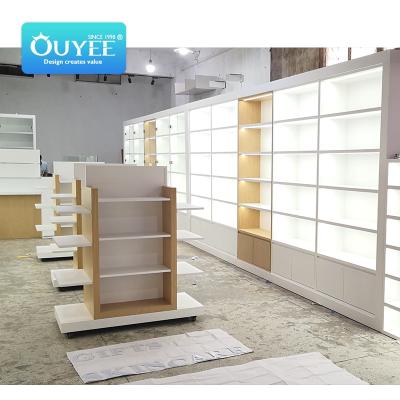 China Pharmacy Store Retail Plywood Counters Showroom Display Wood Shelves Store Interior Design Medical Pharmacy Furniture for sale