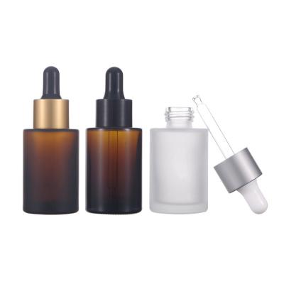 China Customized Logo Cosmetic 30ml Frosted Dropper Bottle Flat Shoulder Round Amber Glass Serum Dropper Bottle Cylindrical 30ml for sale