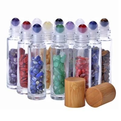 China Personal Care 10ml Essential Oil Glass Roll On Bottle Crystal Gemstone Roller Bottle With Bamboo Lid for sale