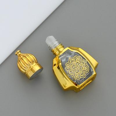 China Wholesale Arabic Cosmetic Glass Perfume Bottle Essential Oil Bottles Gold Vintage Plated Roll On Bottle 10ml for sale