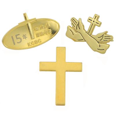 China Custom Europe Gold Plated Metal Background Jesus Pin Cross Christian Chaplain Badge for sale