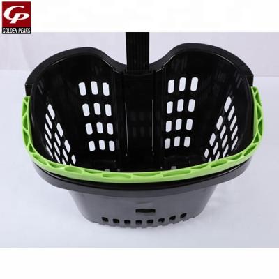 China Wholesale Luxury Eco-friendly Rod Hand Plastic Shopping Basket Large Capacity Two Wheels For Supermarket 05 for sale