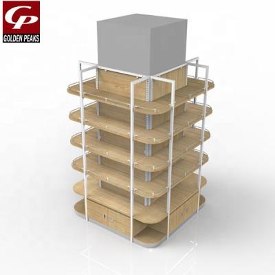 China 2020-03-03 GoldenPeaks Supermarket Wooden Pillar Double Sided Round Shelf for sale