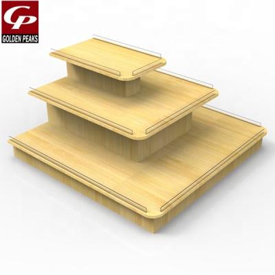 China Double Sided Supermarket Shop Store Pedestal Rack 3 Tier Selling Display Wooden Table 02 for sale