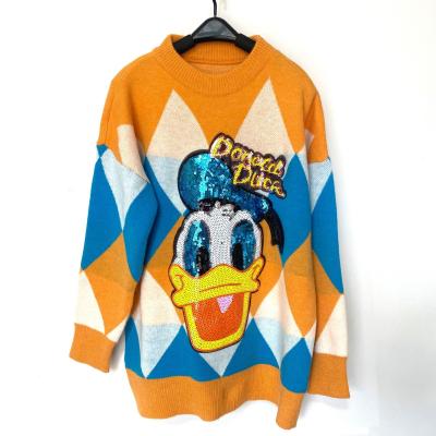 China Breathable Sequin Patch Knit Loose Cartoon Pullover Sweater Women Blouses And Shirts for sale