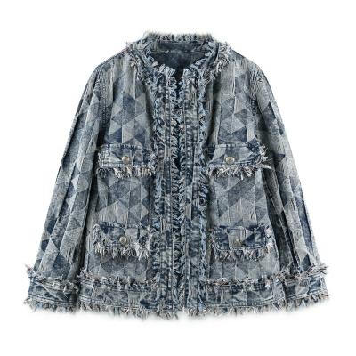 China New Breathable Women Coats Jackets Geometric Pattern Cylinder Port Style Loose Straight Denim Coat for sale