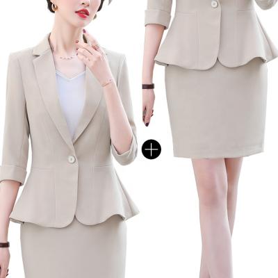 China Anti-wrinkle women casual lapel collar elegant suit set for office lady two pieces work ruffle slim peplum blazer and skirt for sale