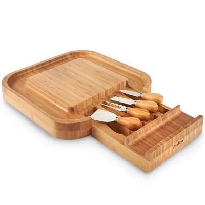 China Sustainable Organic Cheese Cutting Board And Knife Set Bamboo Cheese Board With Slide-Out Drawer for sale