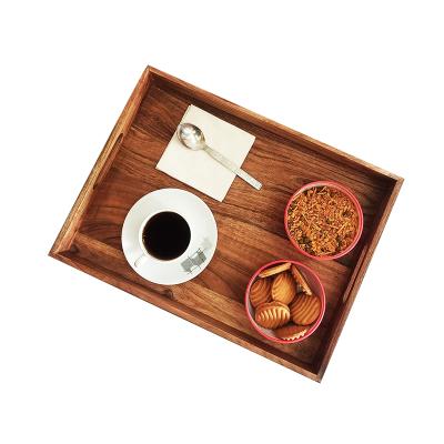 China Wholesale Kitchen Wooden Rectangular Breakfast Serving Tray Acacia Wood Serving Tray with Handles for sale