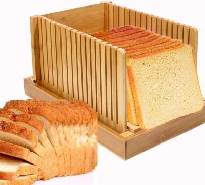 China Cheap Viable Compact Thickness Adjustable Bread Slicing Guide Bamboo Bread Slicer With Crumb Catcher Tray for sale