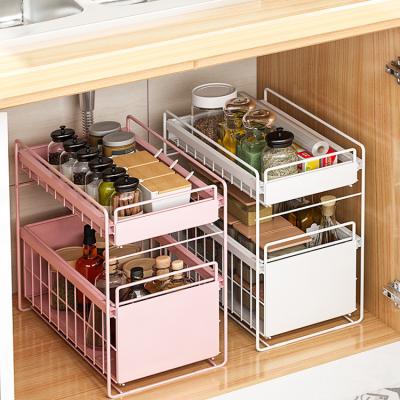 China Metal Stocked Kitchen Bathroom Sink Storage Rack 2-Tier Floor-standing Sliding Under Sink Organizer Storage Rack for sale