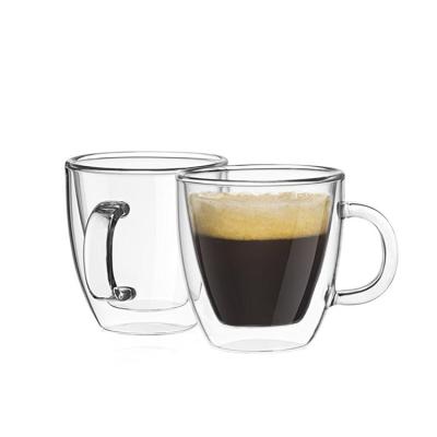 China Double Wall Design Heat Resistance Coffee Mug High Borosilicate Glass Sustainable Coffee Mug With Handle for sale