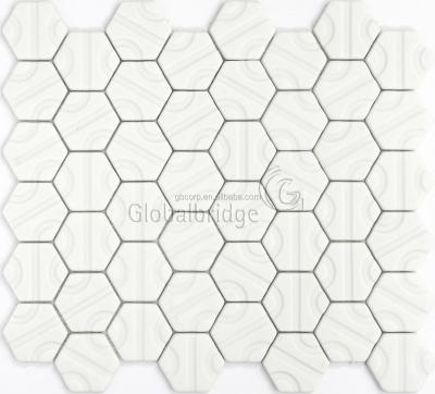 China Parquet Hexagon Mosaic White Powder Glass Backsplash For Hotel Lobby Wall Decoration for sale