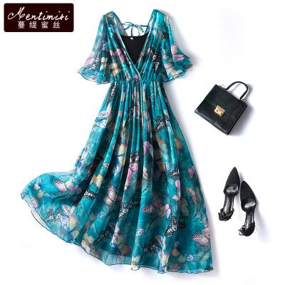 China Factory Viable Fashion Floral Bud V-Neckline Summer Simple Pleated Pleated Casual Dress Mini for sale